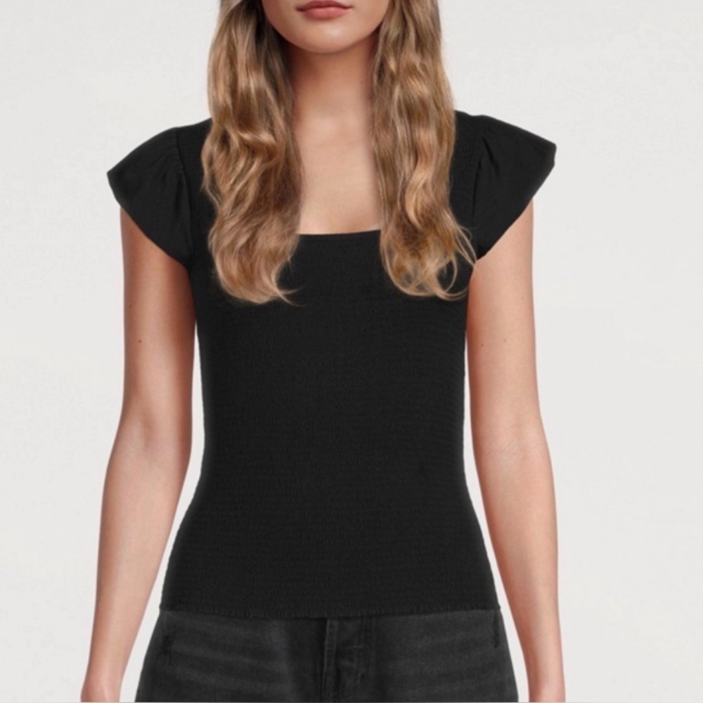 Nation LTD Alicia Smocked Ruffle Short Sleeve Top Size M Black Pima Cotton